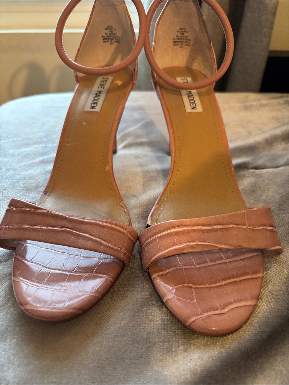 Steve Madden Mauve Croc-Embossed Ankle Strap Block Heels